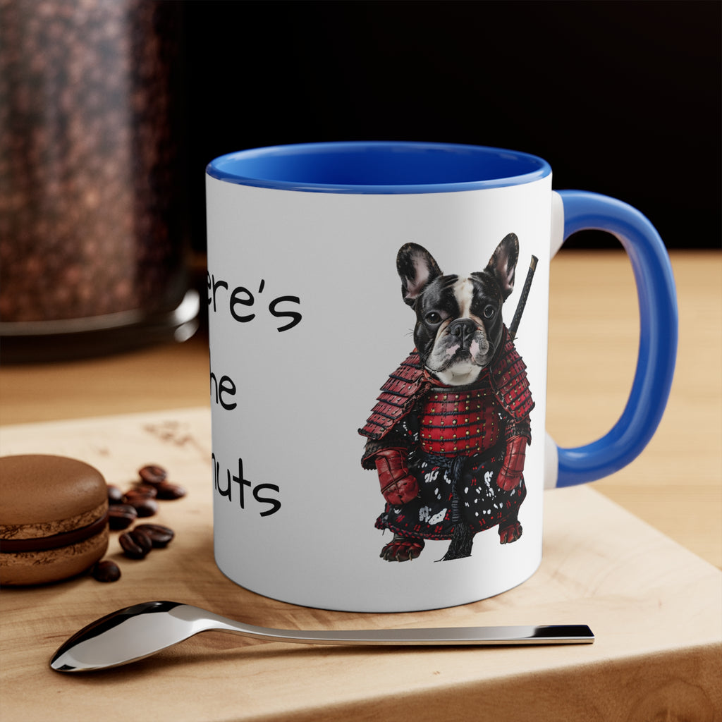 French Bulldog in Samurai Outfit Accent Mug Wheres the Donuts Fun Dog Lover and Samurai Fan Gift
