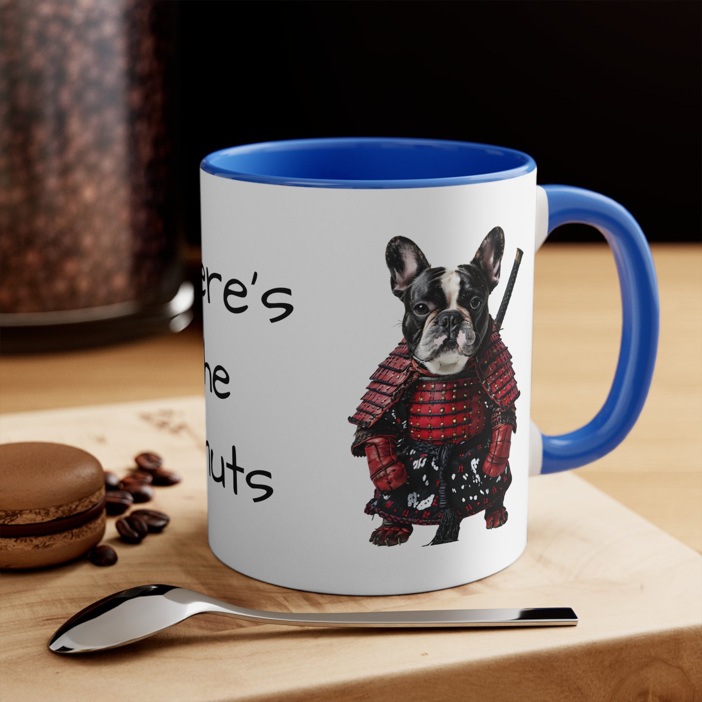 French Bulldog in Samurai Outfit Accent Mug Wheres the Donuts Fun Dog Lover and Samurai Fan Gift