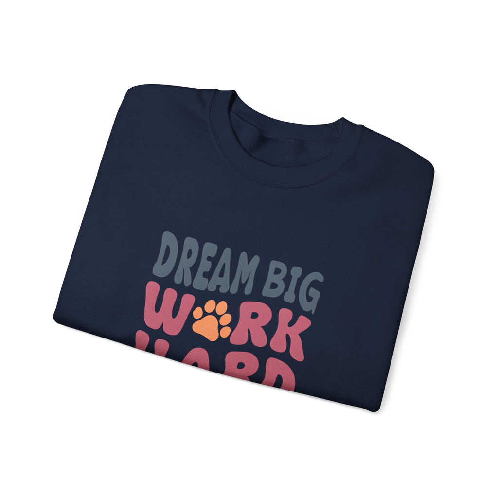 Navy crewneck sweatshirt with colorful paw-print graphic, angled chest view