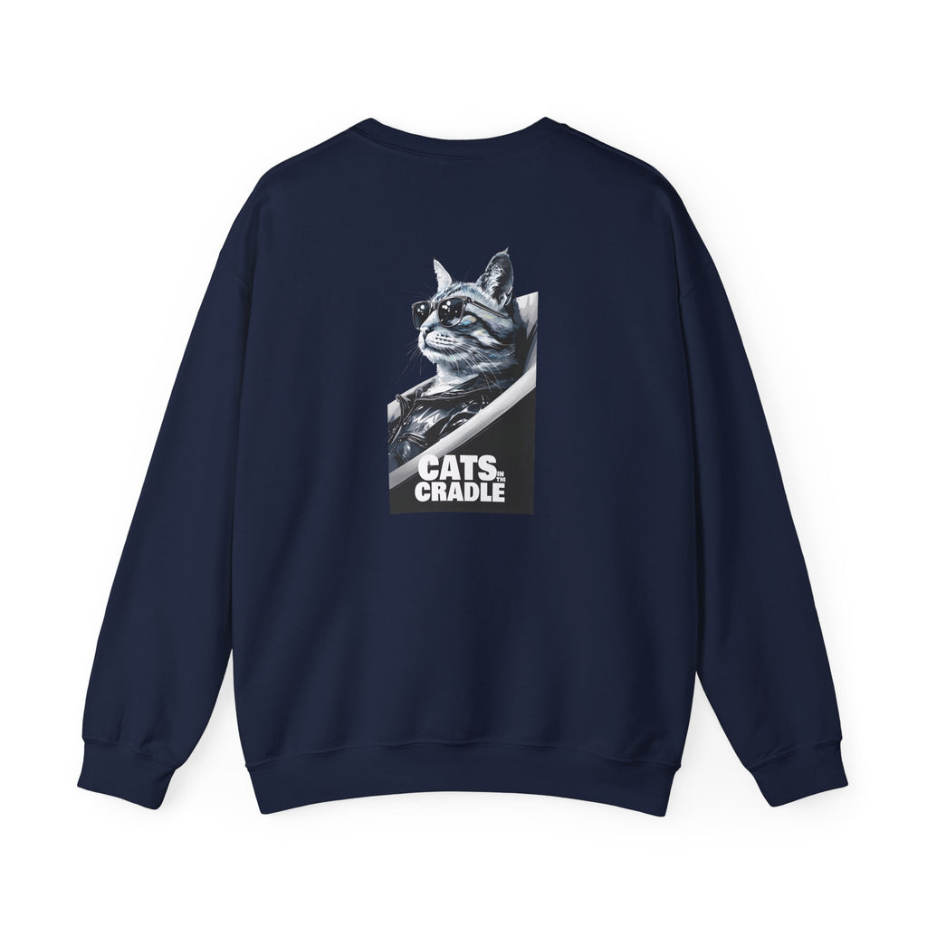 Navy crewneck sweatshirt with cat graphic on back