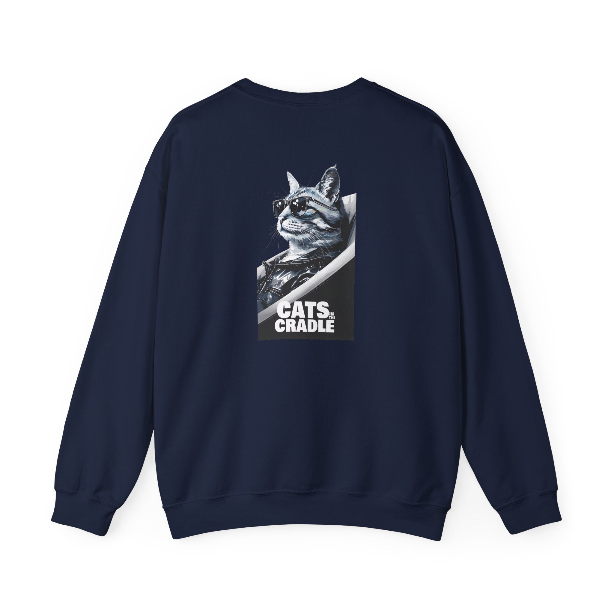 Navy crewneck sweatshirt with cat graphic on back
