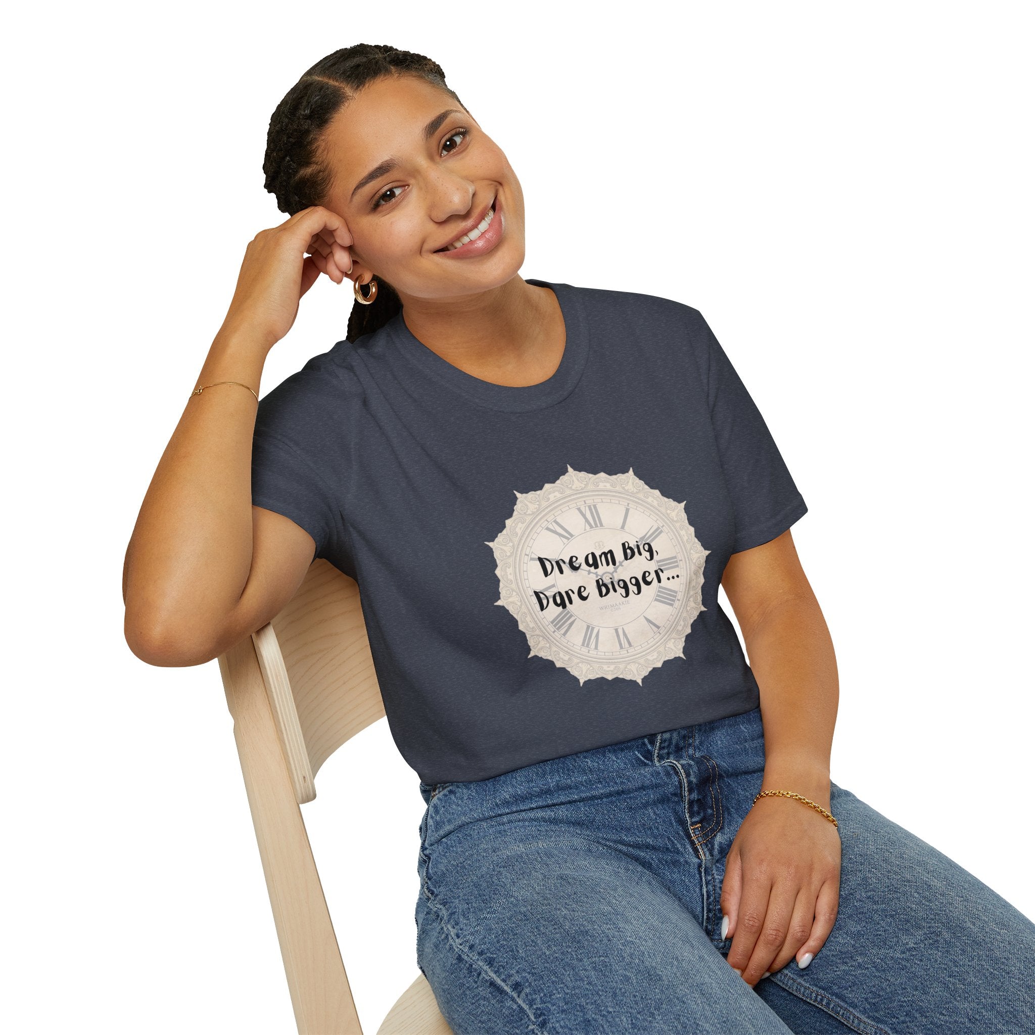 Navy heather crewneck T-shirt with beige clock graphic and "Dream Big, Dare Bigger" text