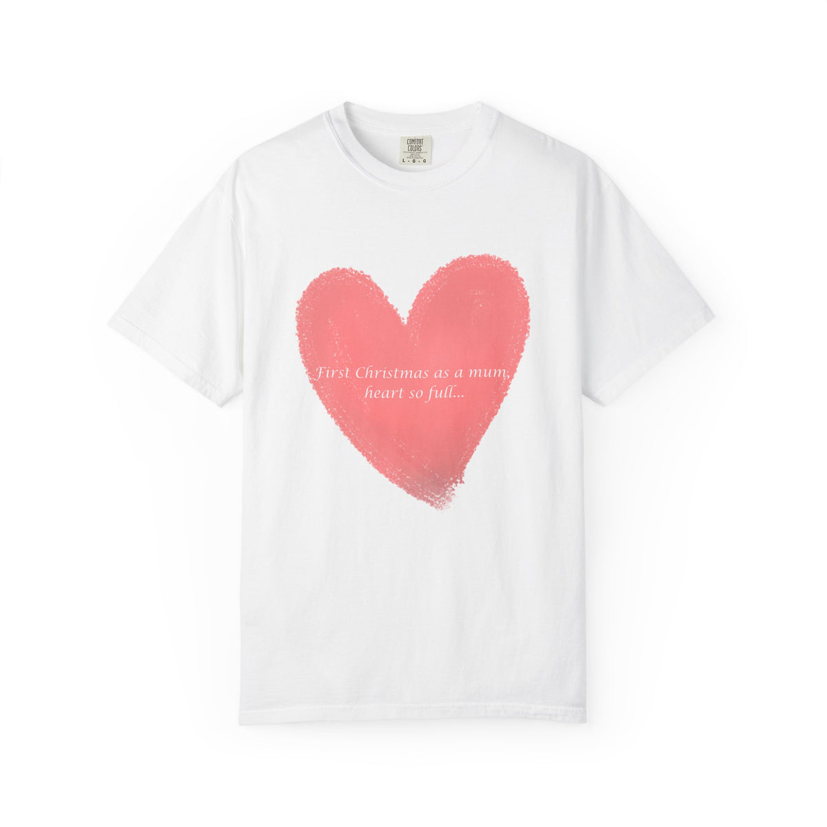White T-shirt with red painted heart graphic and cursive text across the chest