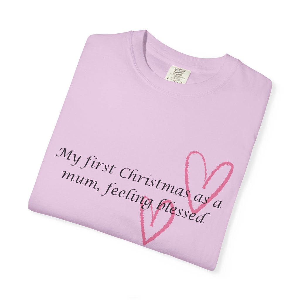 Light orchid Christmas mum T-shirt with heart outline and message: “My first Christmas as a mum, feeling blessed”