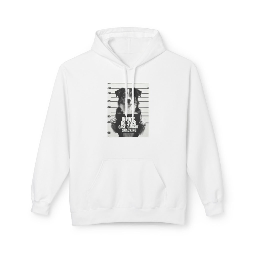 White hoodie with front pouch and centered dog mugshot style graphic.