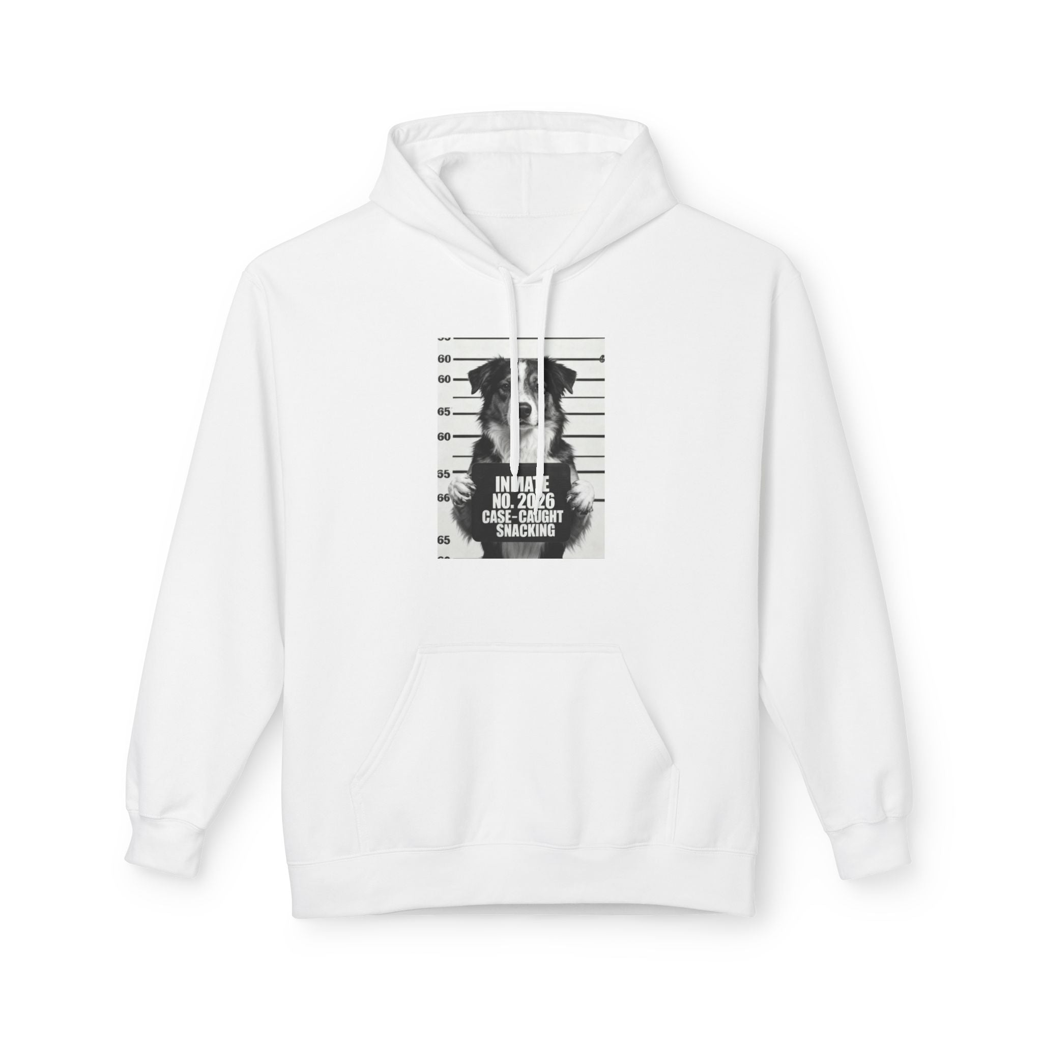 White hoodie with front pouch and centered dog mugshot style graphic.
