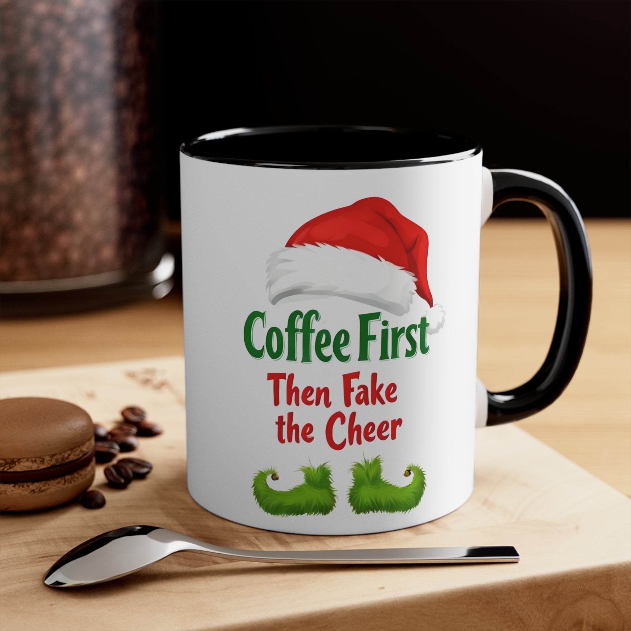 11oz Christmas accent mug, white with black handle, elf hat and “Coffee First Then Fake the Cheer”