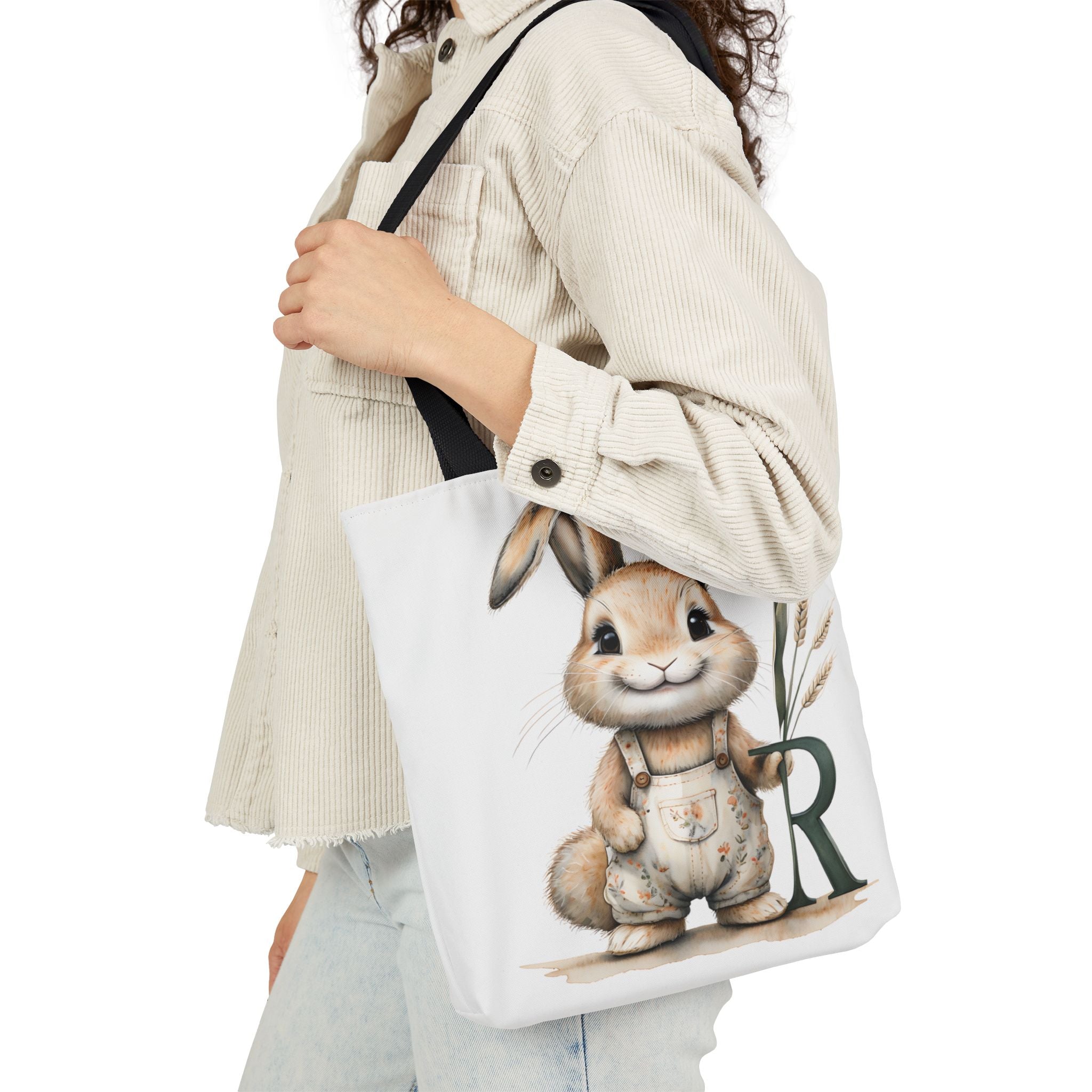 Adorable Letter R Bunny Canvas Tote Bag, Cute Easter Gift, Eco-friendly Shopping Bag, Kids' Party Gift