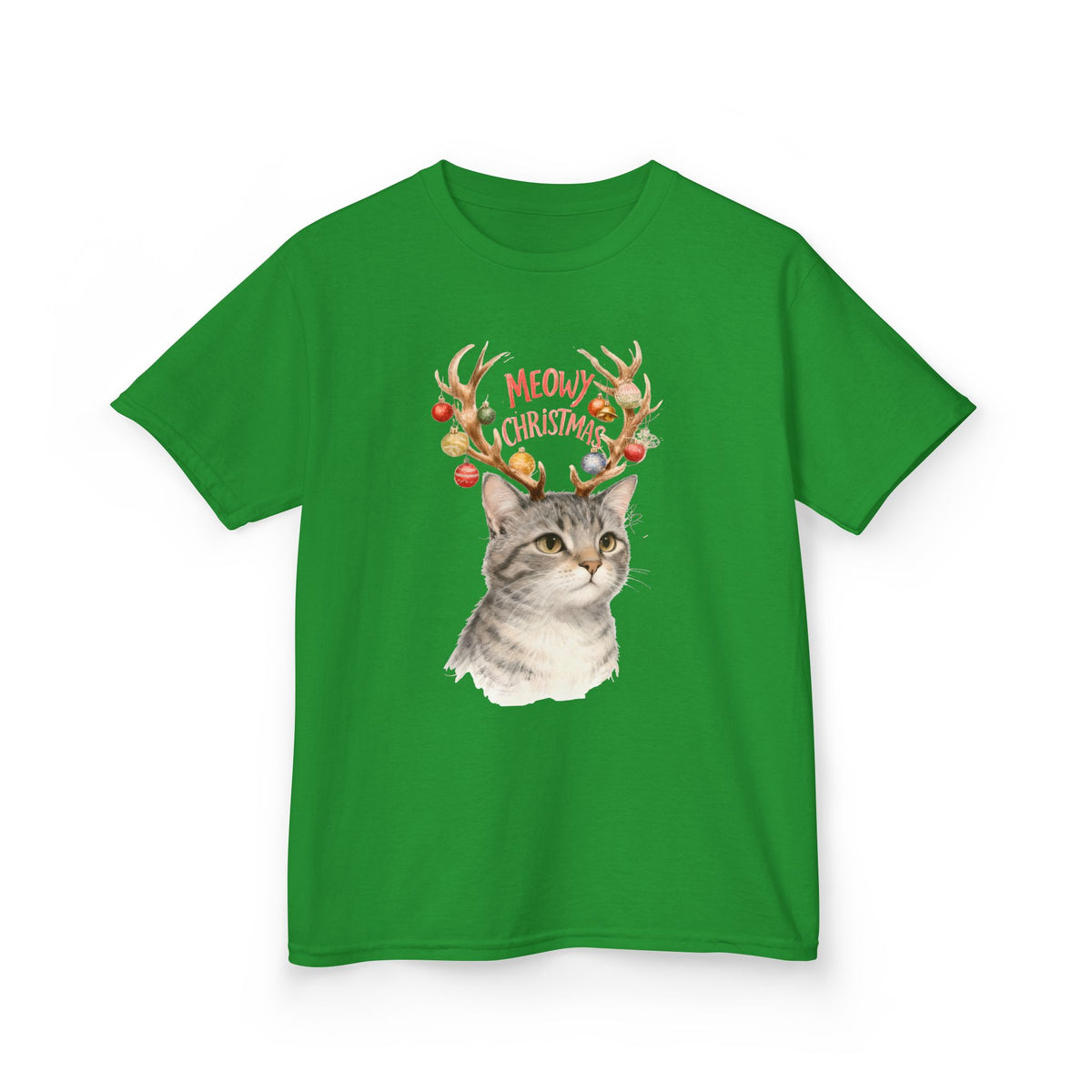 Green kids T-shirt with cat wearing reindeer antlers, 'Meowy Christmas' graphic