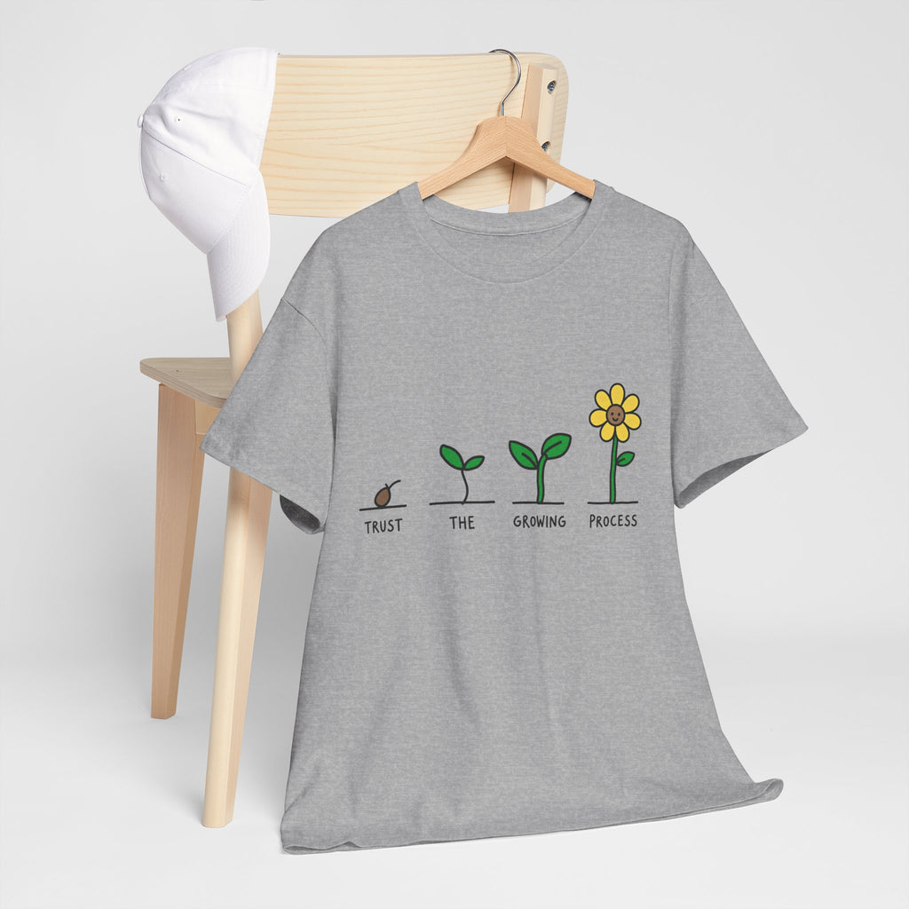 Gray crew-neck T-shirt with seedling-to-flower graphic on hanger