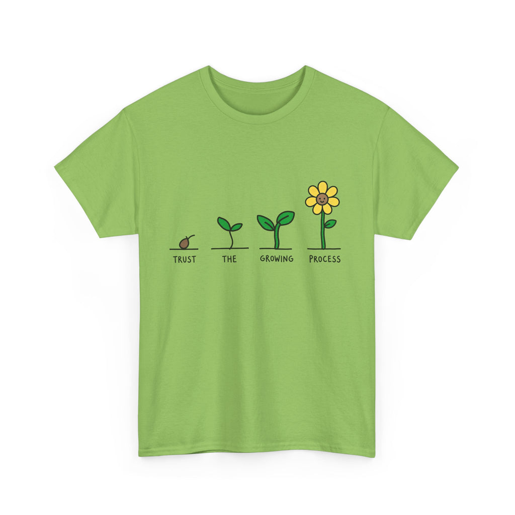 Green T-shirt with sprout-to-flower graphic and small text words across the chest