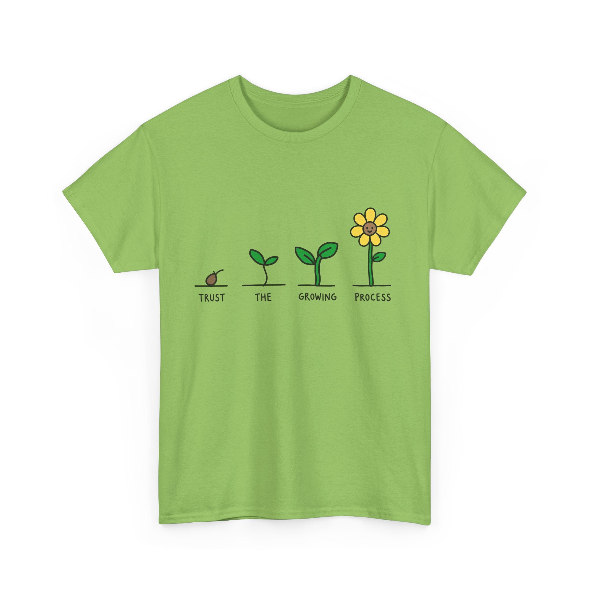 Green T-shirt with sprout-to-flower graphic and small text words across the chest