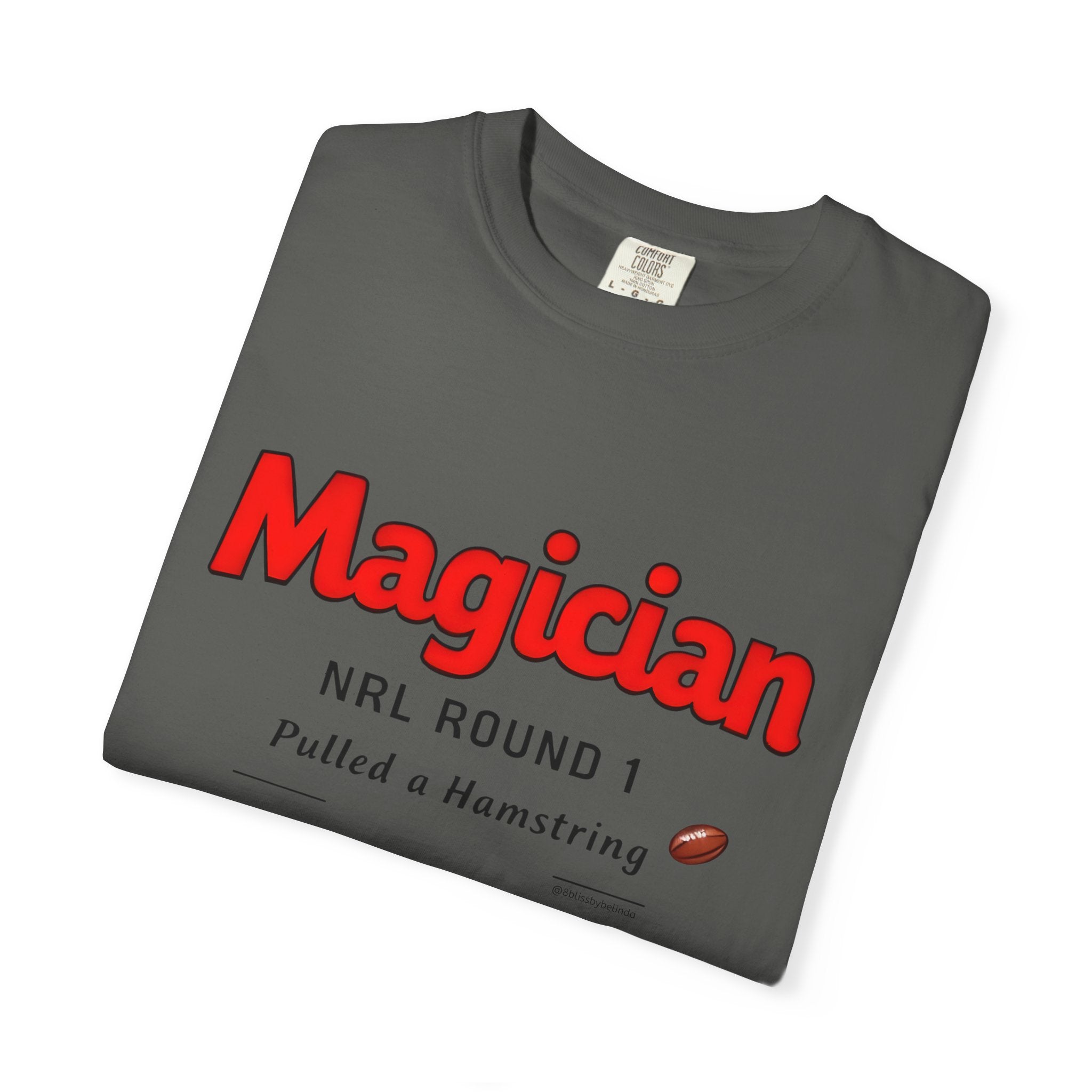 Grey graphic round-neck T-shirt with 'Magician' NRL Round 1 print and football icon