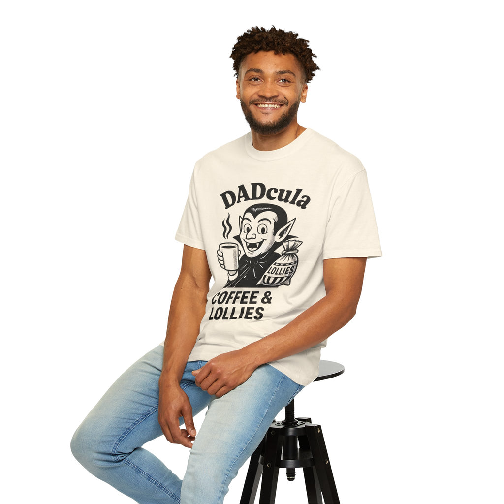 Ivory cotton T-shirt worn by model, 'DADcula' graphic featuring coffee cup and lollies