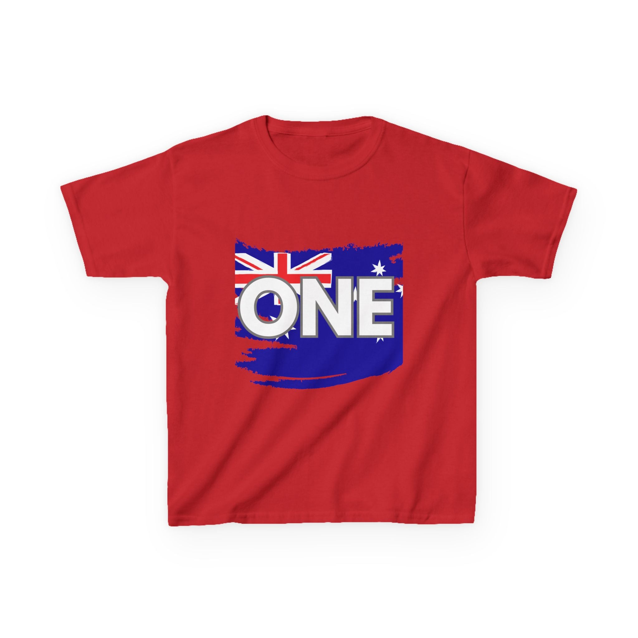 Kids T-shirt, red with 'ONE' Australia torn flag map graphic