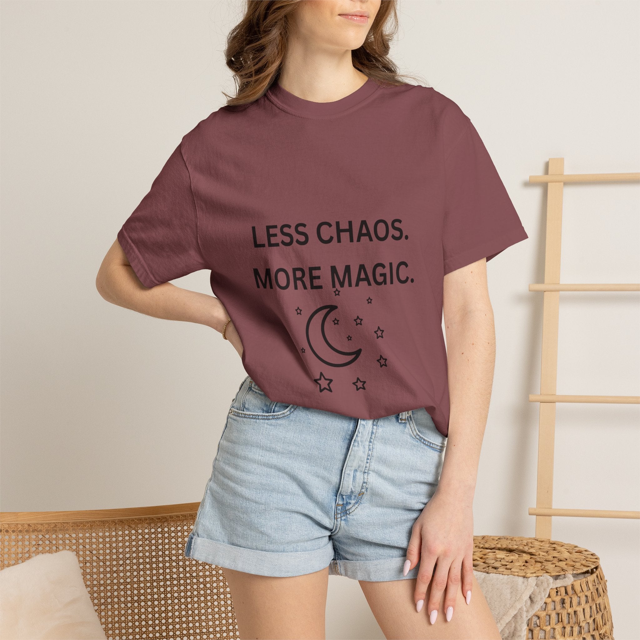 Less Chaos, More Magic T-Shirt — Crescent Moon + Stars Graphic Tee