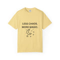Less Chaos, More Magic T-Shirt — Crescent Moon + Stars Graphic Tee