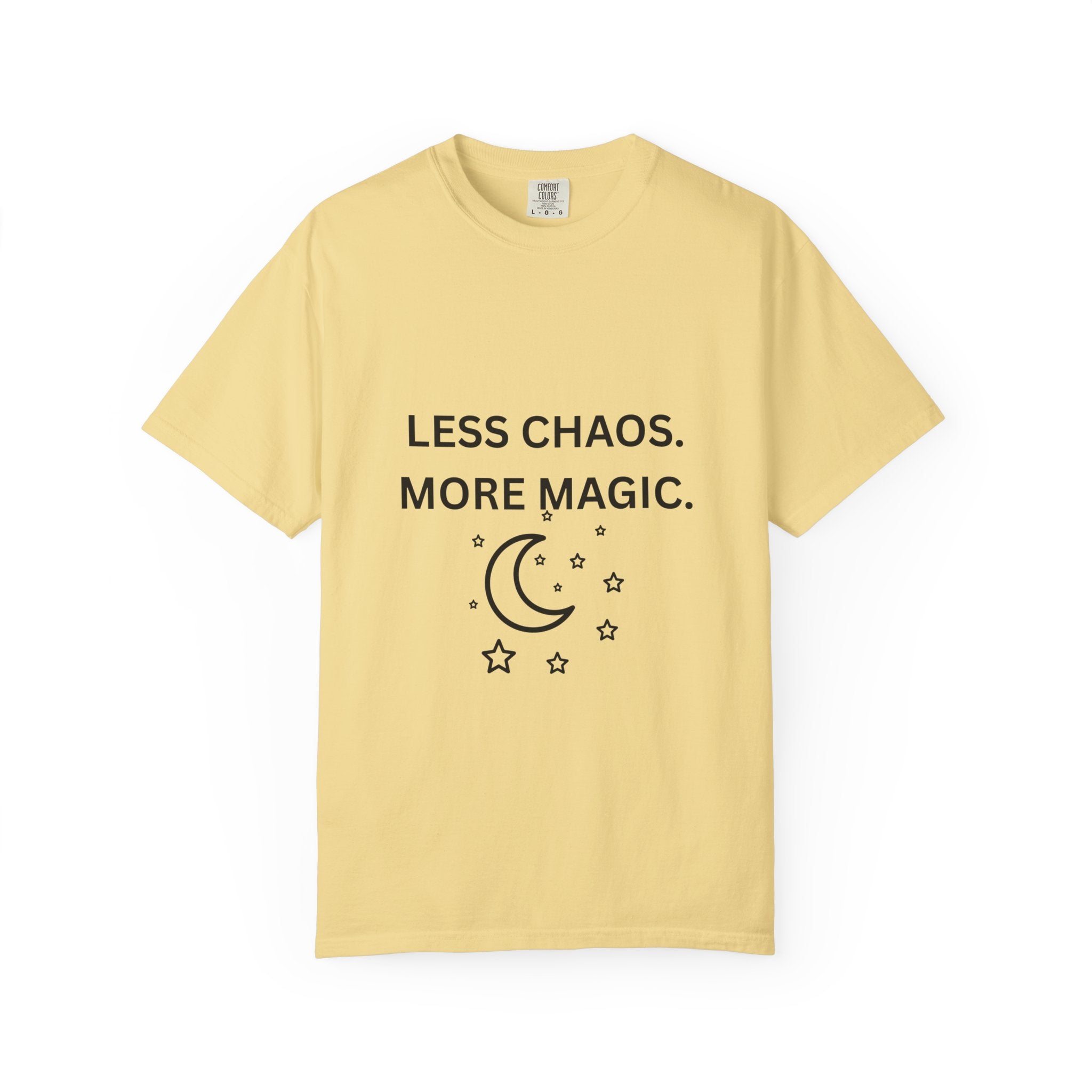 Less Chaos, More Magic T-Shirt — Crescent Moon + Stars Graphic Tee