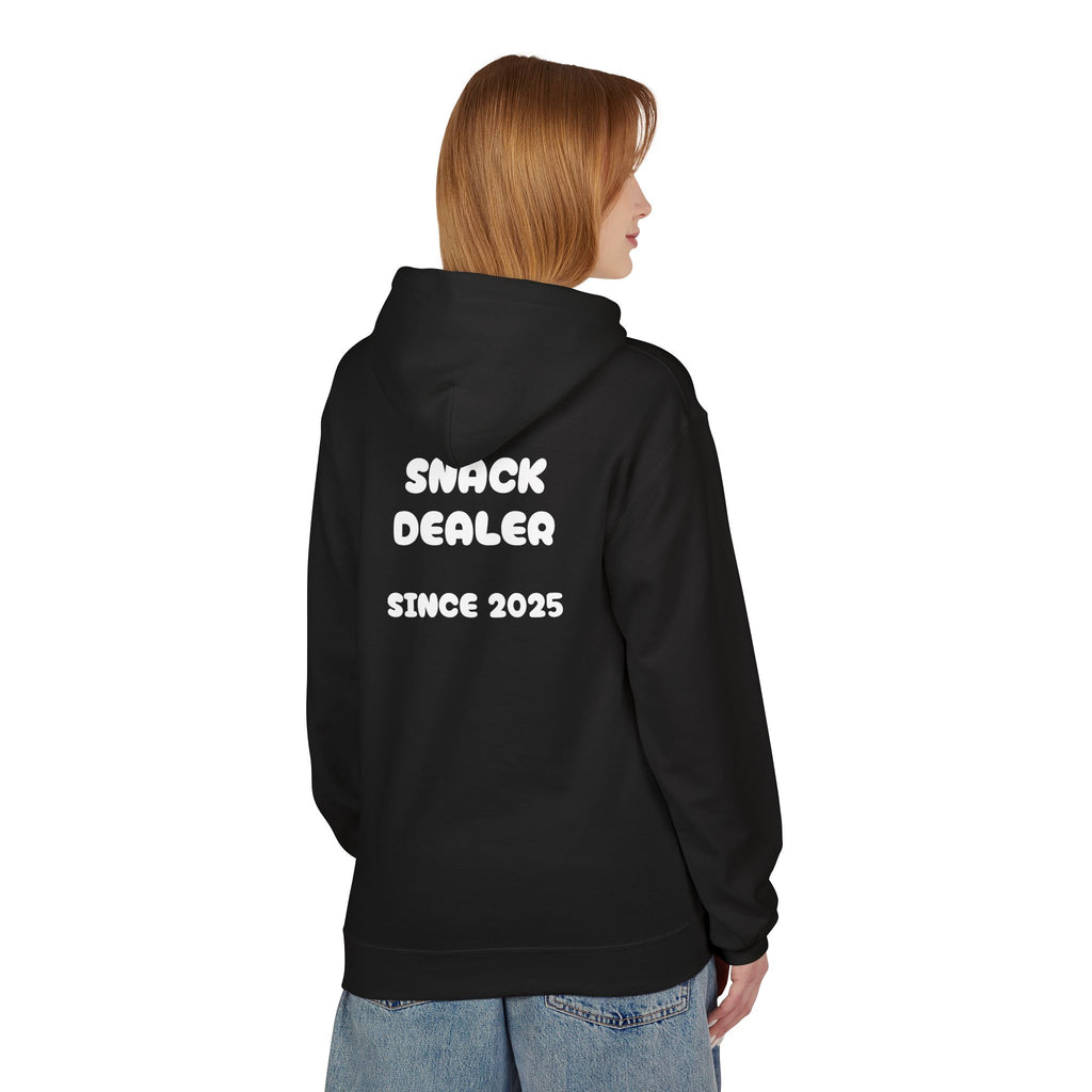 Black hoodie with hood and front pocket, back text: "SNACK DEALER" "SINCE 2025"