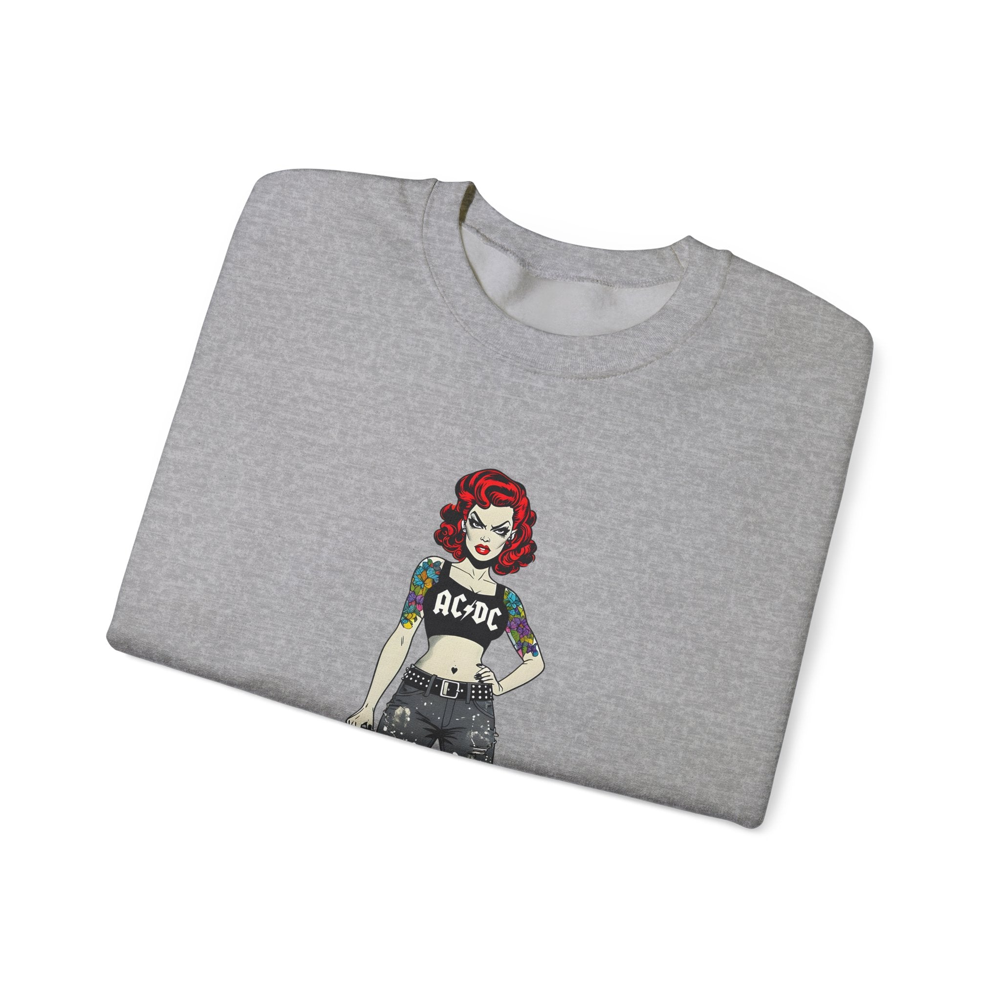 Sport grey sweatshirt with comic-style AC/DC girl graphic on front