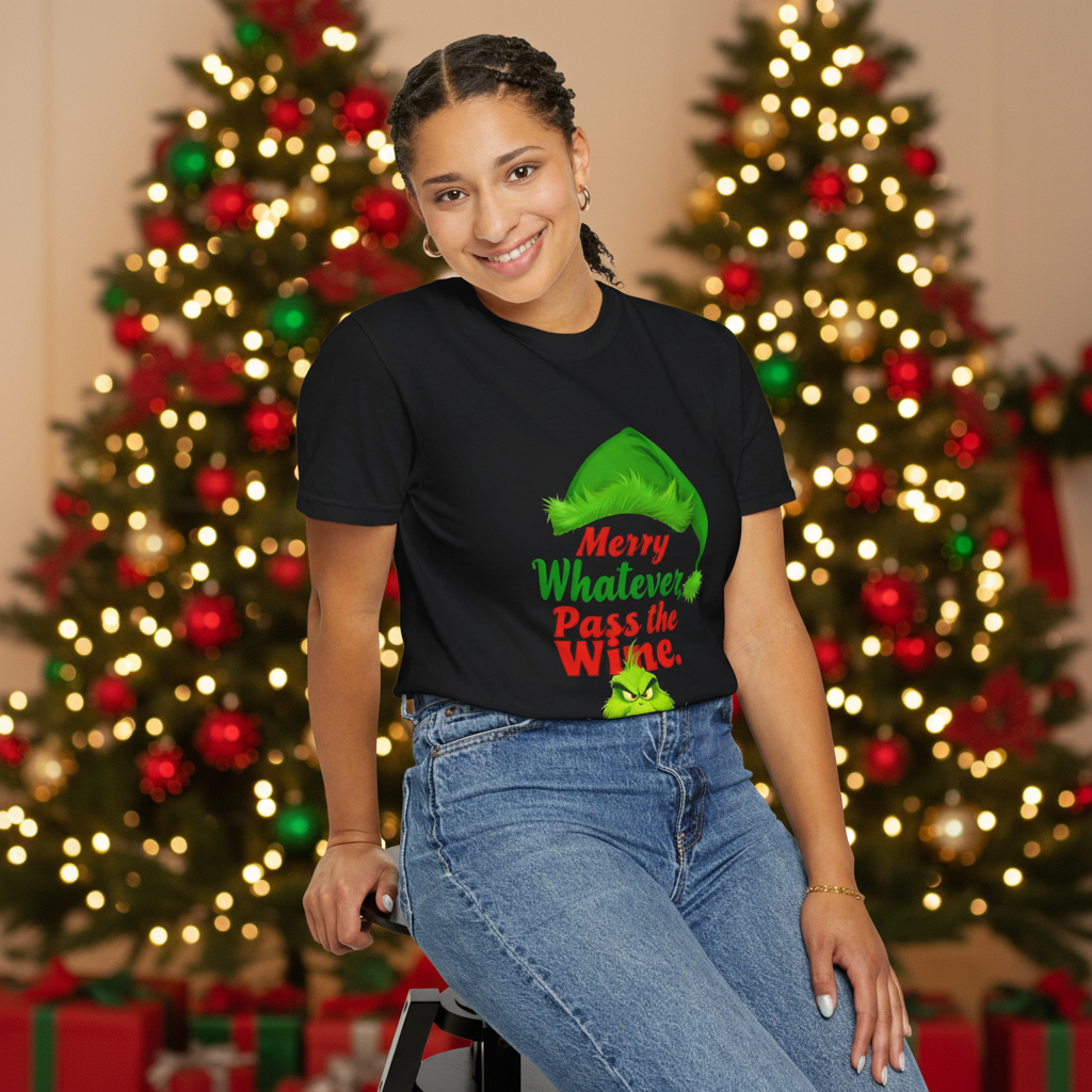 Black T-shirt worn by model, featuring green hat and 'Merry Whatever Pass the Wine' print