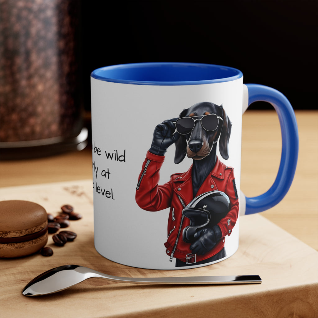 Dachshund in Motorbike Outfit Accent Mug Born to be Wild at ground level Fun Dog Lover Gift