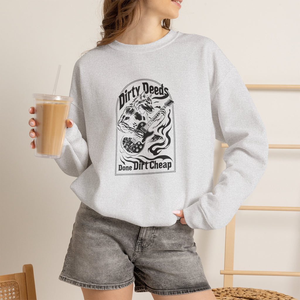 Crewneck Sweatshirt — 'Dirty Deeds Done Dirt Cheap' Retro Skull Graphic