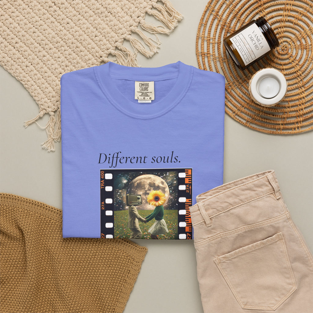 Periwinkle purple crew-neck graphic t-shirt with “Different souls” film-style artwork