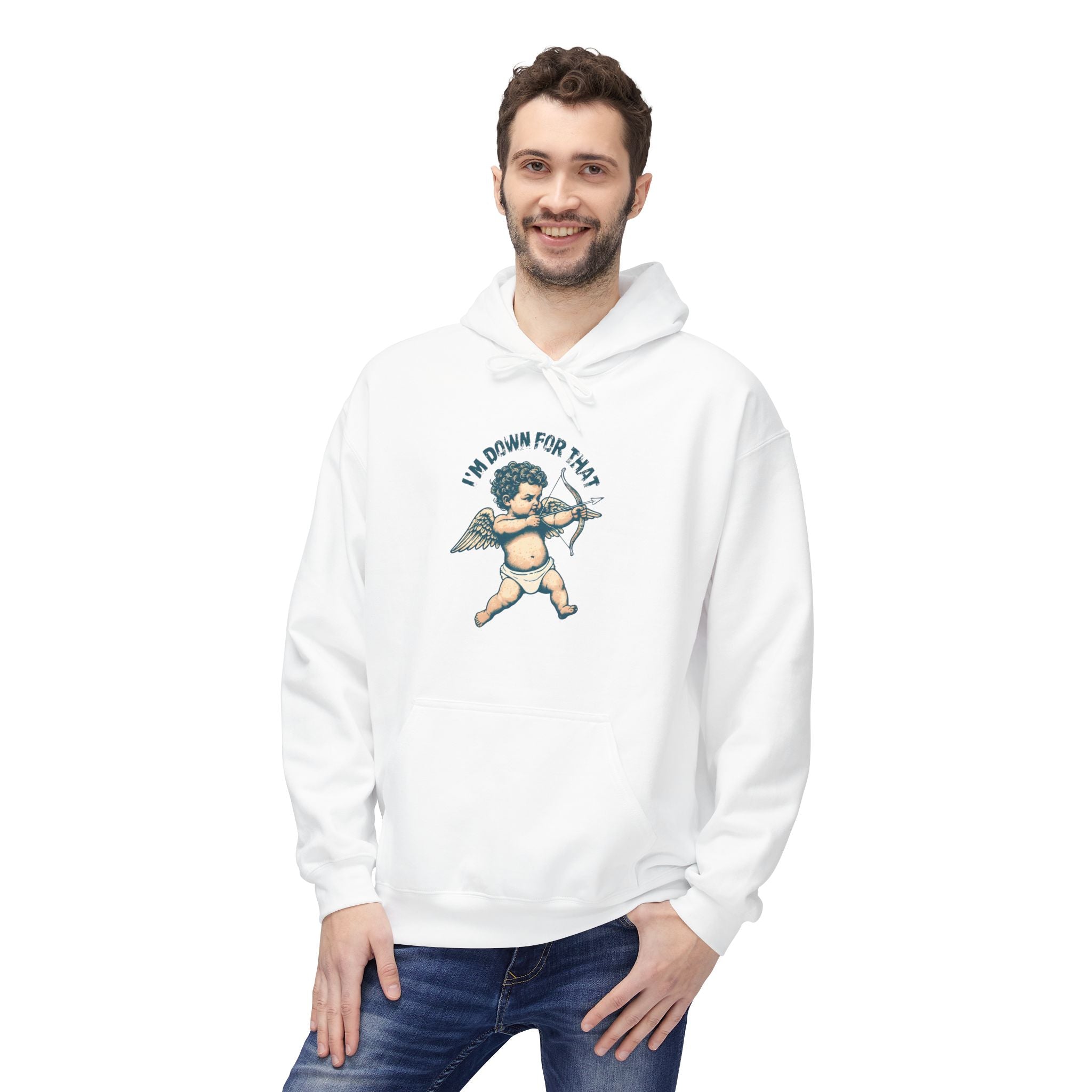 Unisex white hoodie worn with kangaroo pocket and cupid graphic on the chest.