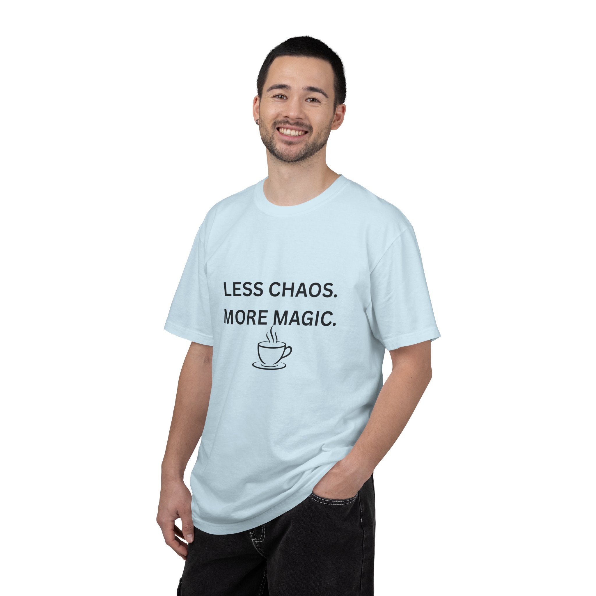 Less Chaos, More Magic T-Shirt — Cozy Coffee Cup Graphic Tee