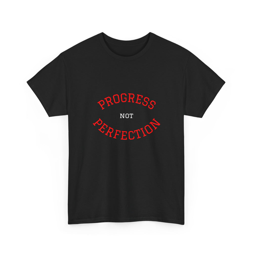 Black unisex cotton tee with red "PROGRESS" and "PERFECTION" slogan graphic