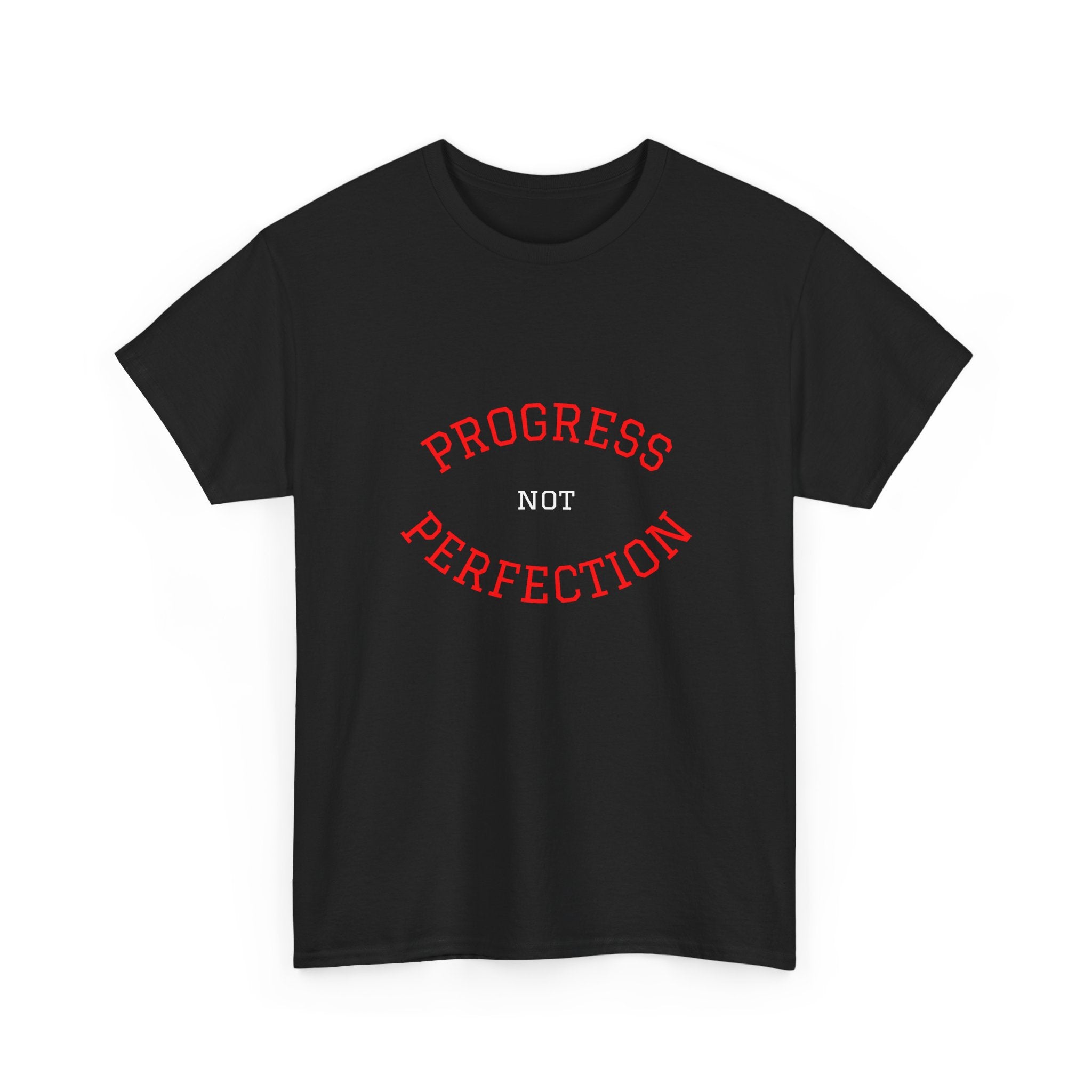 Black unisex cotton tee with red "PROGRESS" and "PERFECTION" slogan graphic