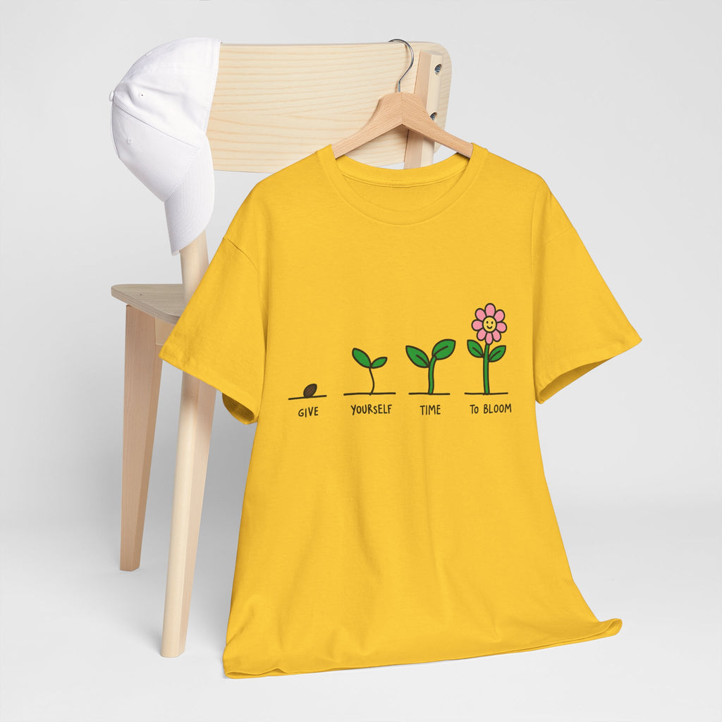 Front view yellow short-sleeve T-shirt with sprout and flower growth graphic
