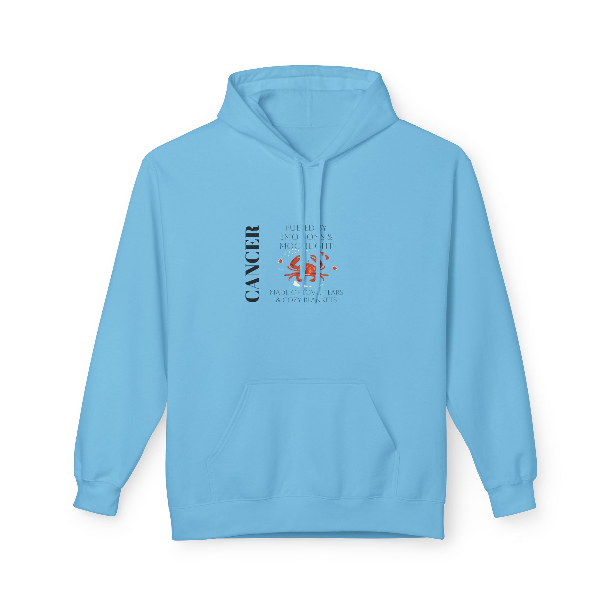Sky blue hoodie with hood and kangaroo pocket; Cancer constellation graphic on chest