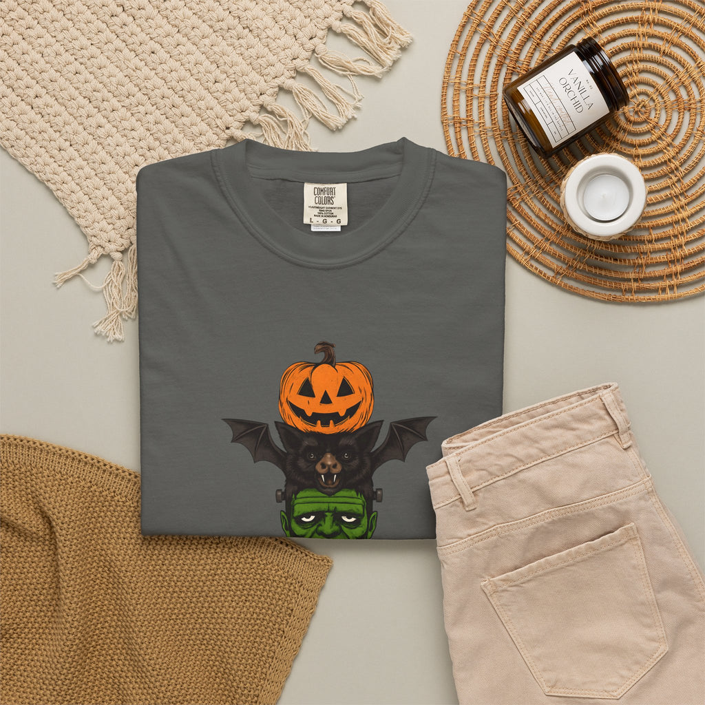 Halloween Totem Tee — Stacked Pumpkin, Bat, Frankenstein, Ghost & Prince of Darkness POP Graphic T-Shirt