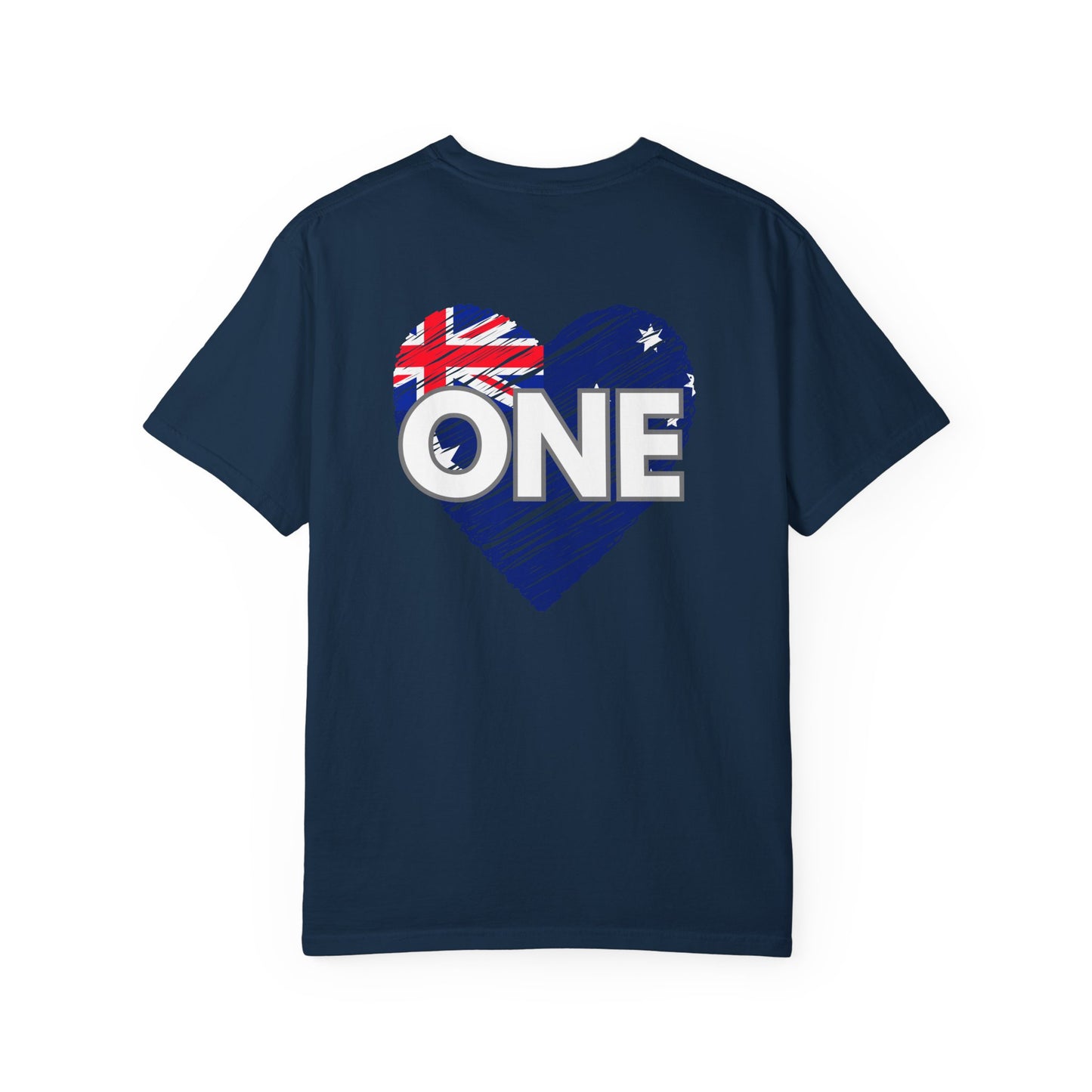 Unisex ONE Together Heart T-Shirt — "We Are All In This Together" Front Text, Australian Flag One Back Design
