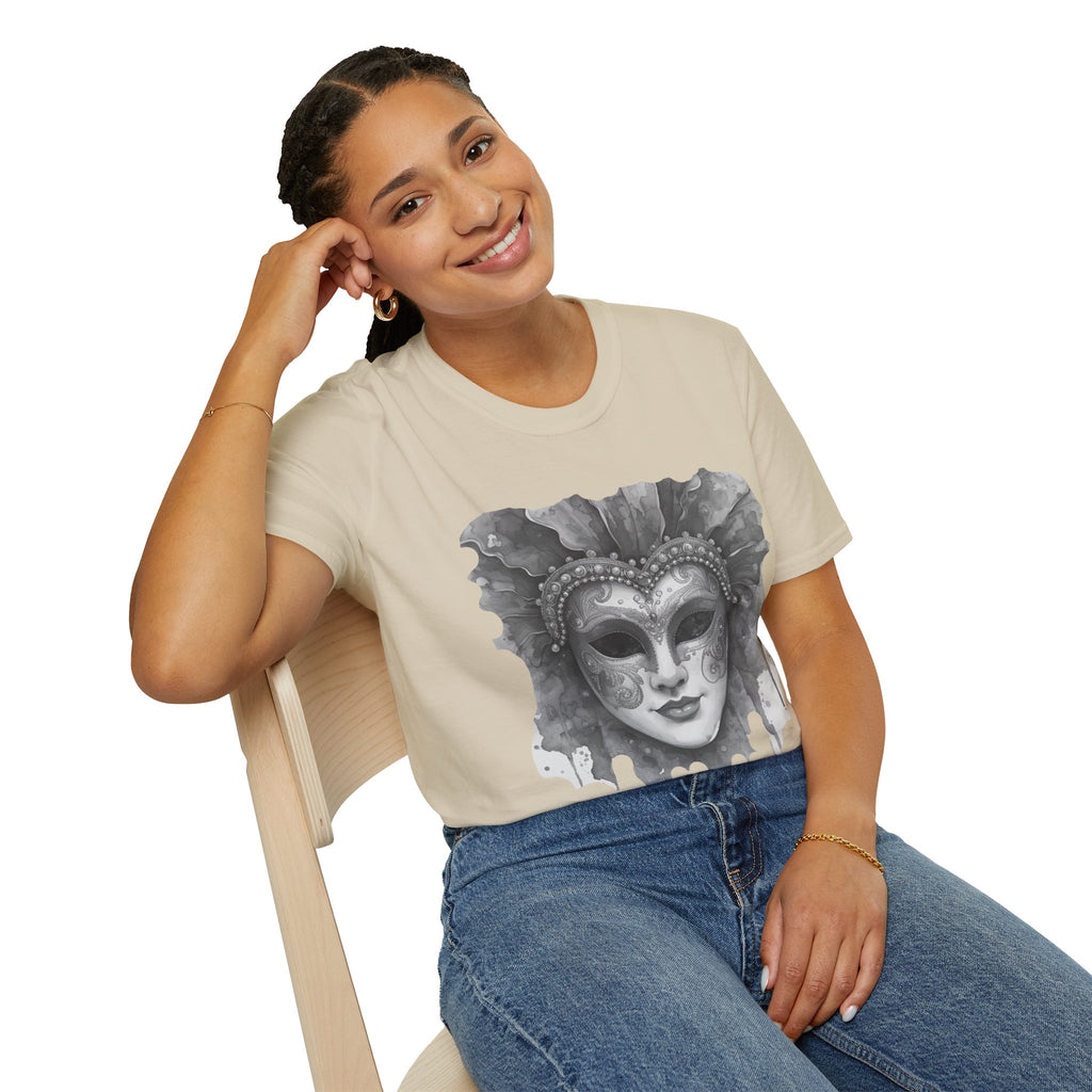 Light cream crewneck t-shirt on model, grey masquerade face mask graphic across chest