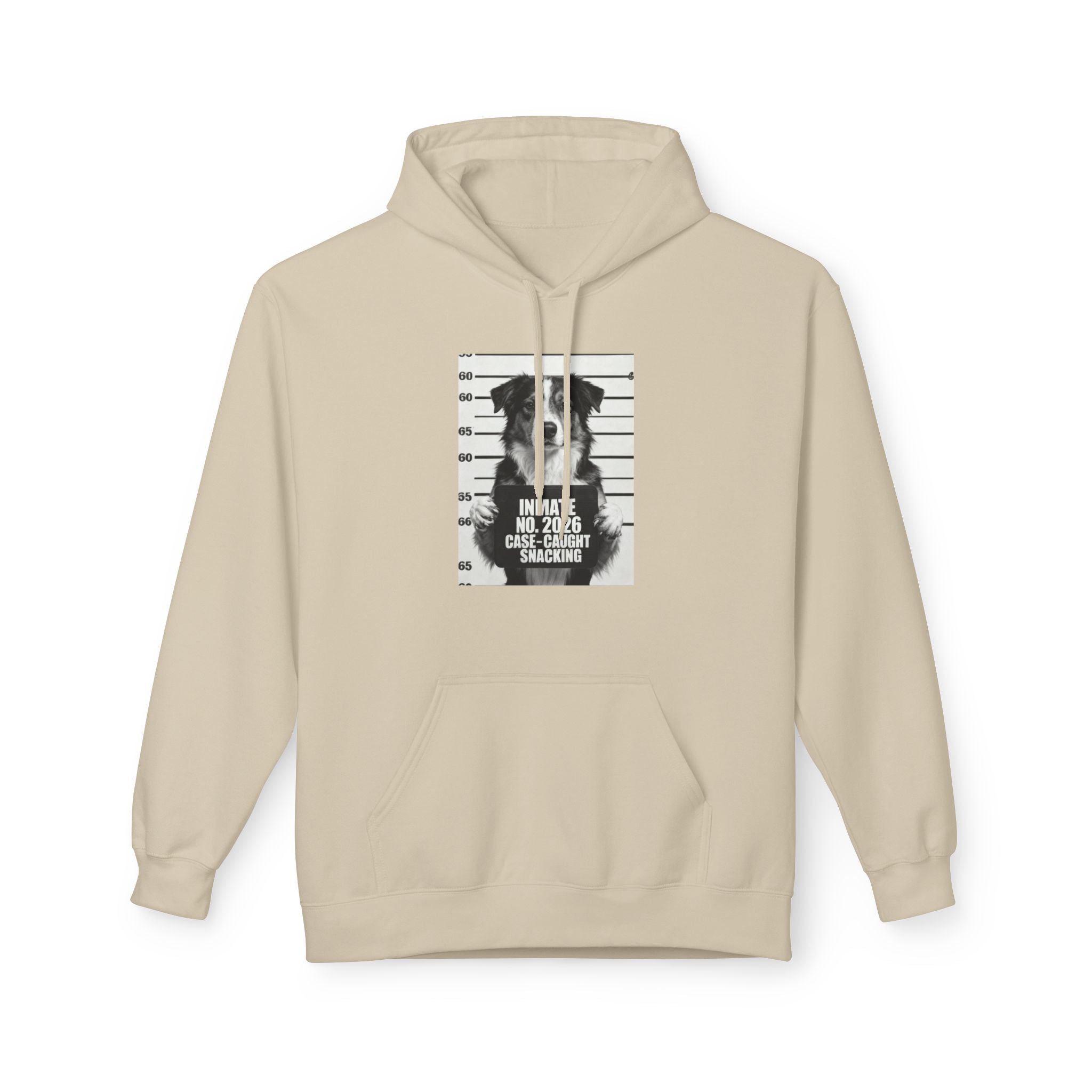 Beige pullover hoodie with front pocket and dog mugshot graphic
