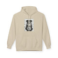 Sand-colored hoodie with front pouch and centered dog mugshot style graphic.