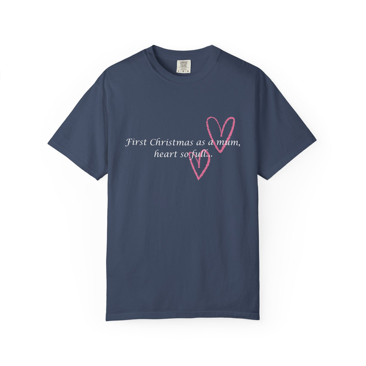 Navy Mum Christmas heart T-shirt with pink heart outline and script text on center chest