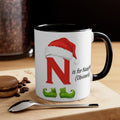 White mug, black handle and rim, red N with Santa hat, 'is for Naughty (Obviously)'