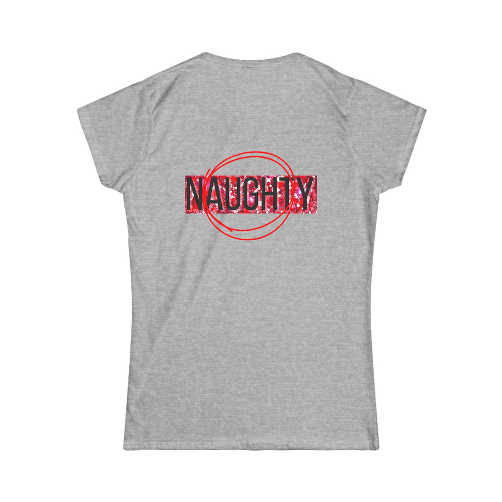 Women's tee, heather gray with red 'NAUGHTY' back graphic stamp.