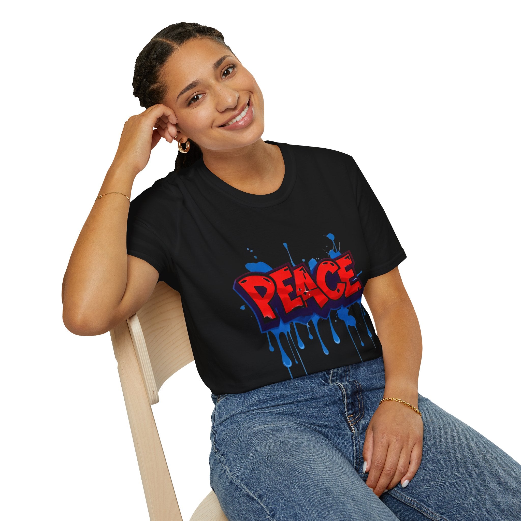 Black ladies graphic t-shirt with red Peace word and blue paint drip print