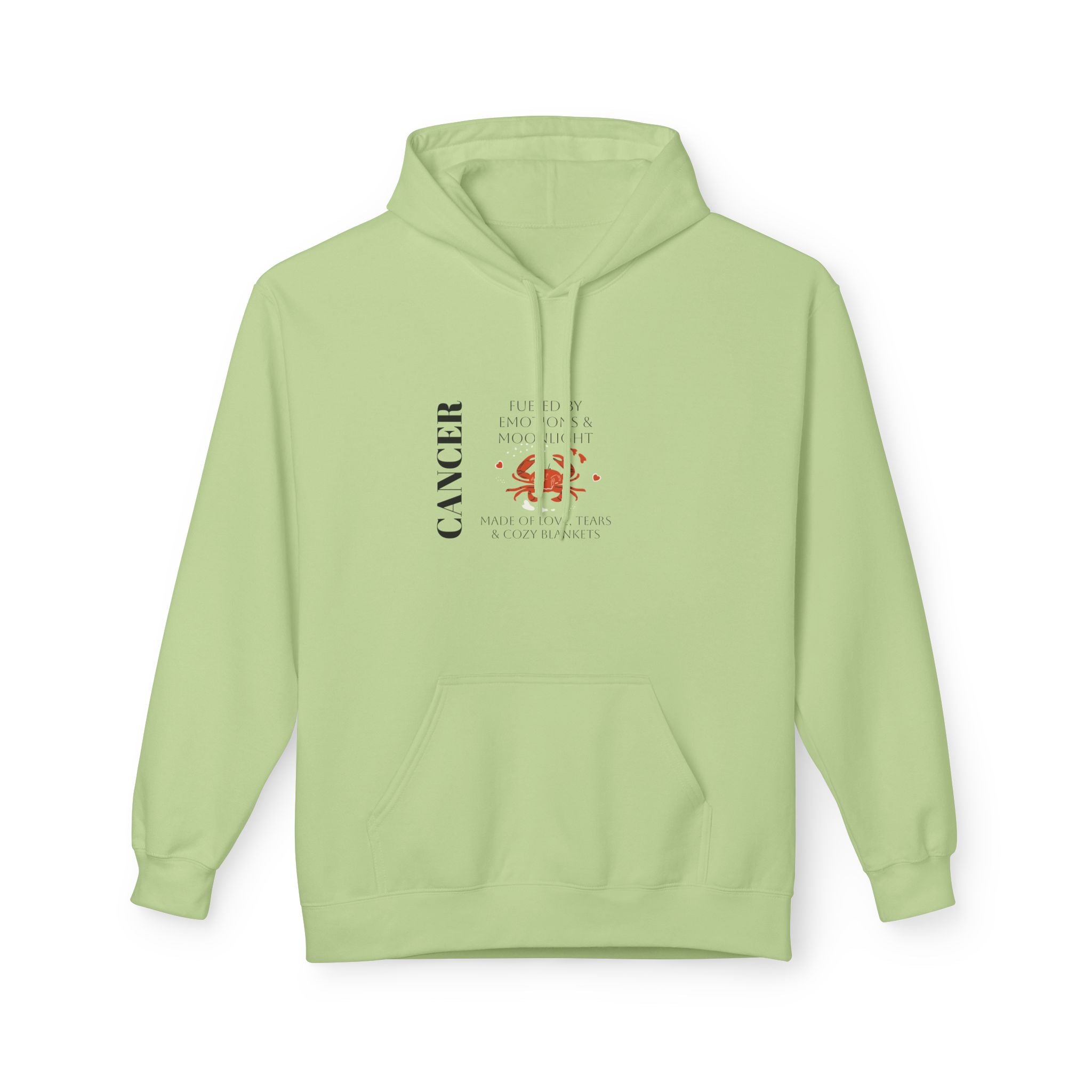 Pistachio green hoodie with hood and kangaroo pocket; Cancer constellation graphic on chest