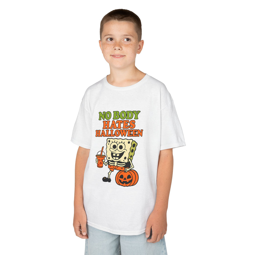 White Halloween graphic T-shirt on child with “NO BODY HATES HALLOWEEN” SpongeBob design