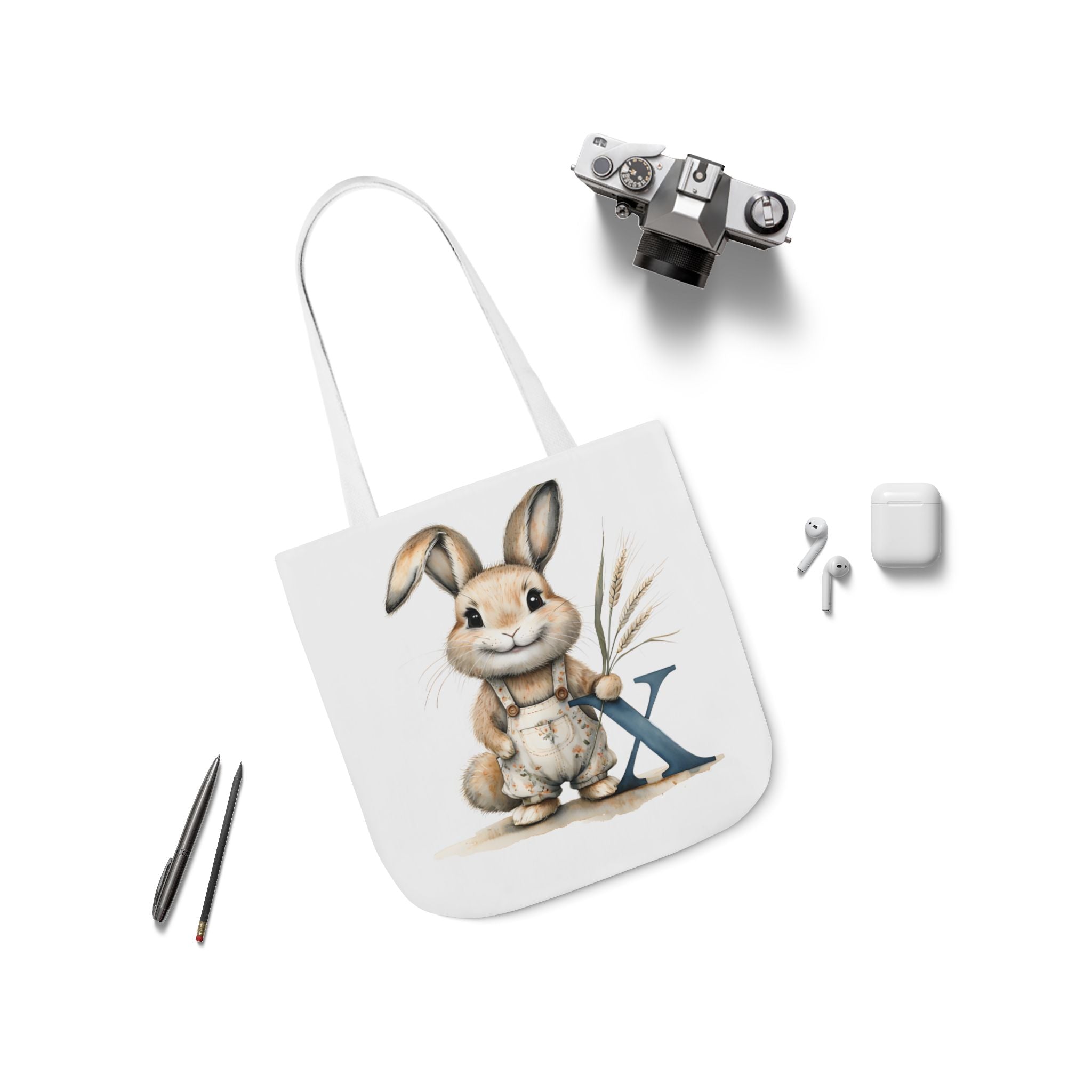 Cute Letter X Bunny Canvas Tote Bag with 5-Colour Straps, Ideal for Spring, Easter Gifts, Eco-Friendly Shopping, Animal Lovers, Cute Designs