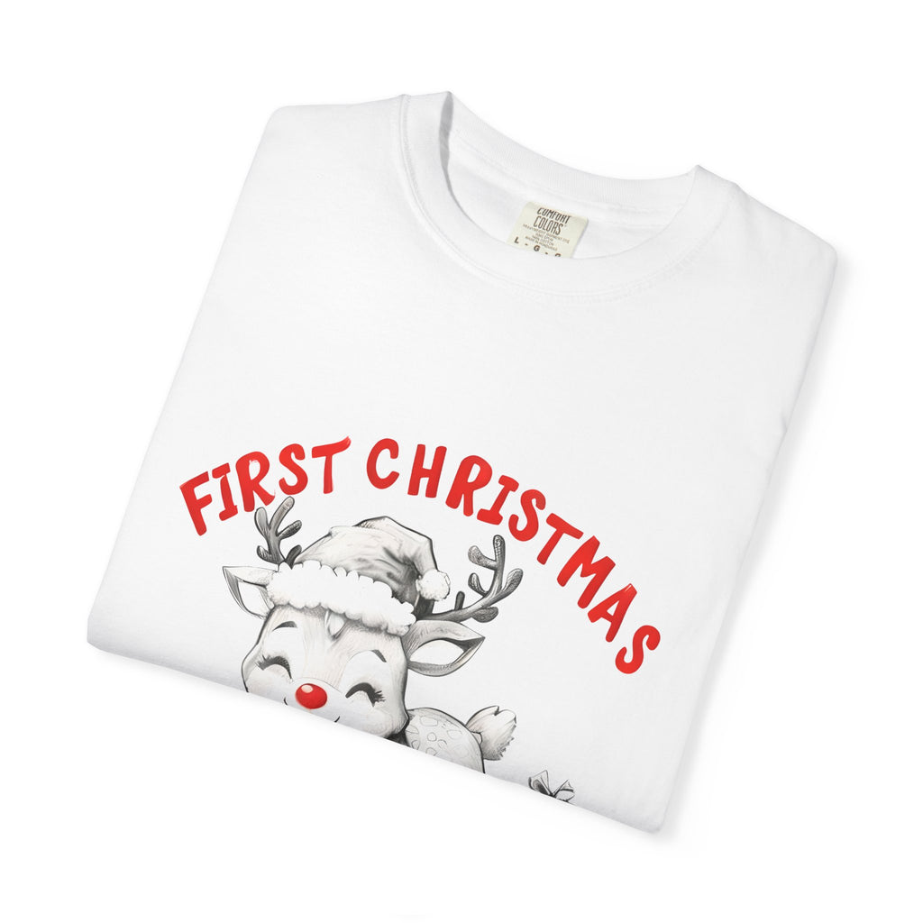 White Christmas t-shirt with reindeer face and 'First Christmas Auntie 2025' print