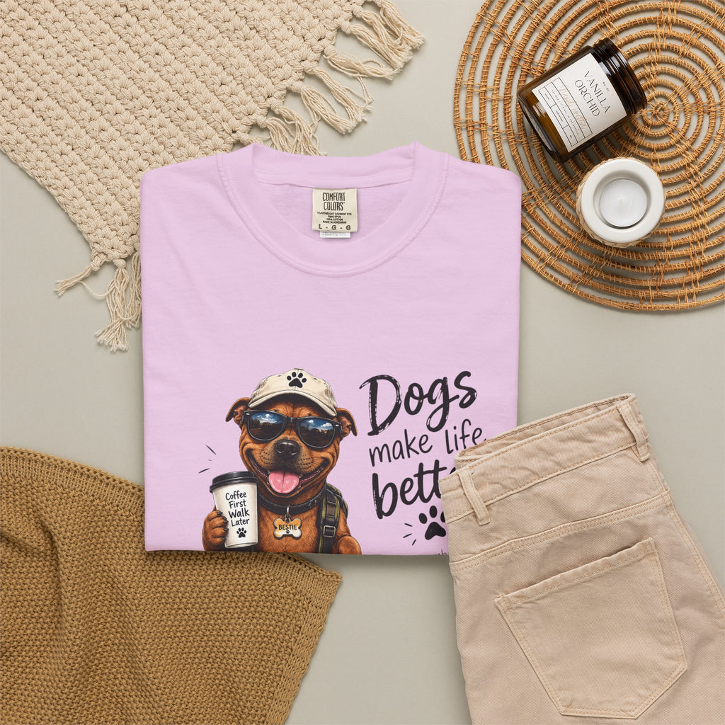 Dog Lovers Staffy T‑Shirt — "Dogs Make Life Better" Graphic Tee