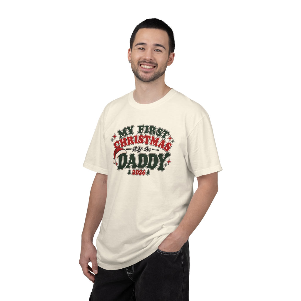 Light cream crew-neck T-shirt worn by a man with "My First Christmas as a Daddy" graphic