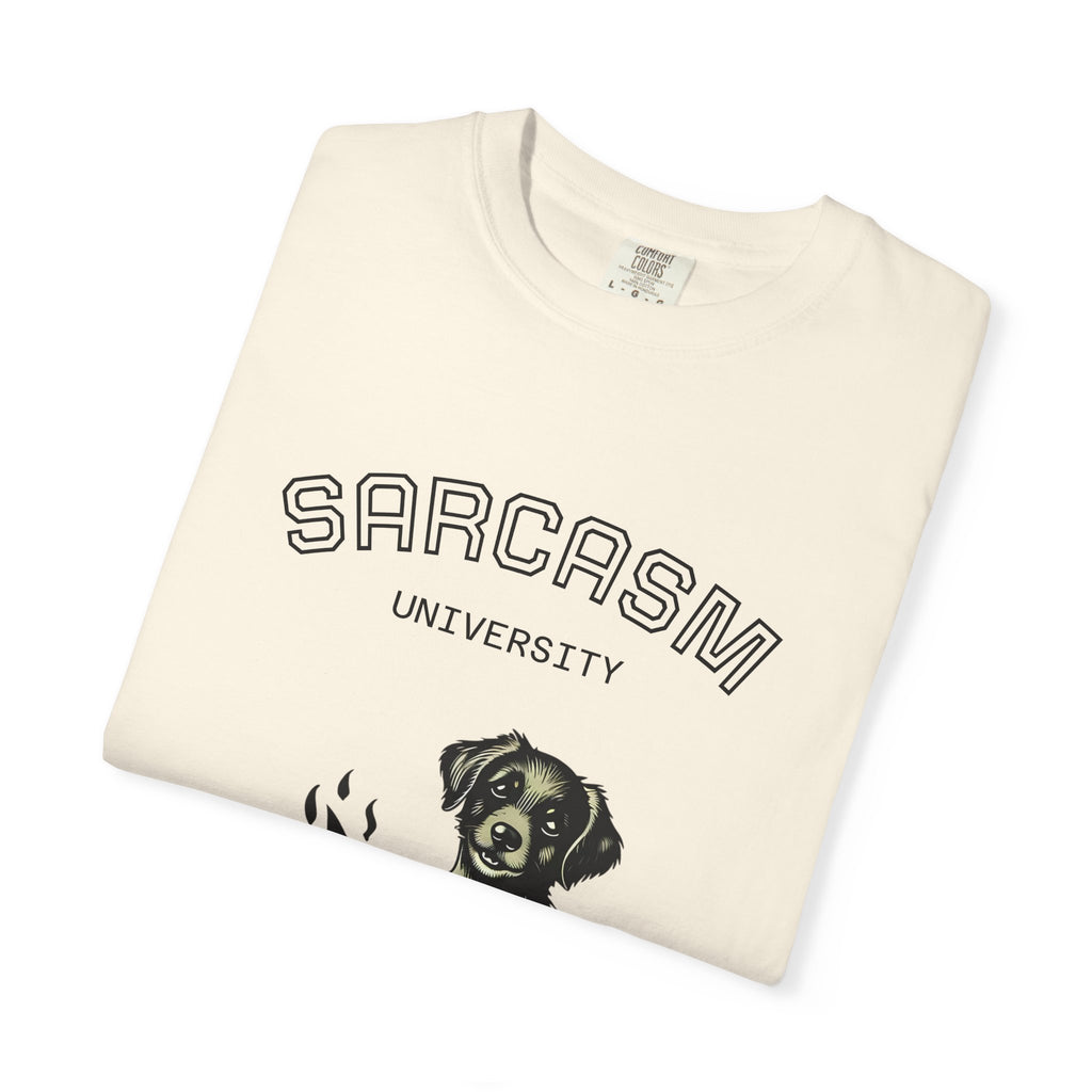 Sarcasm University, Hot Dog Unisex T-Shirt - Perfect for Dog Lovers, Quirky, Cozy Nights, Gifts for Pet Parents, Summer Camp Tee